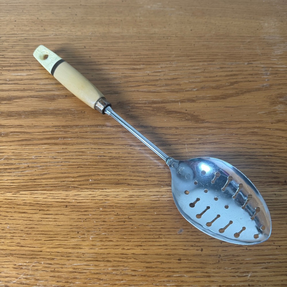 Vintage EKCO USA Chrome Slotted Serving Spoon Tan Speckled Glitter Handle